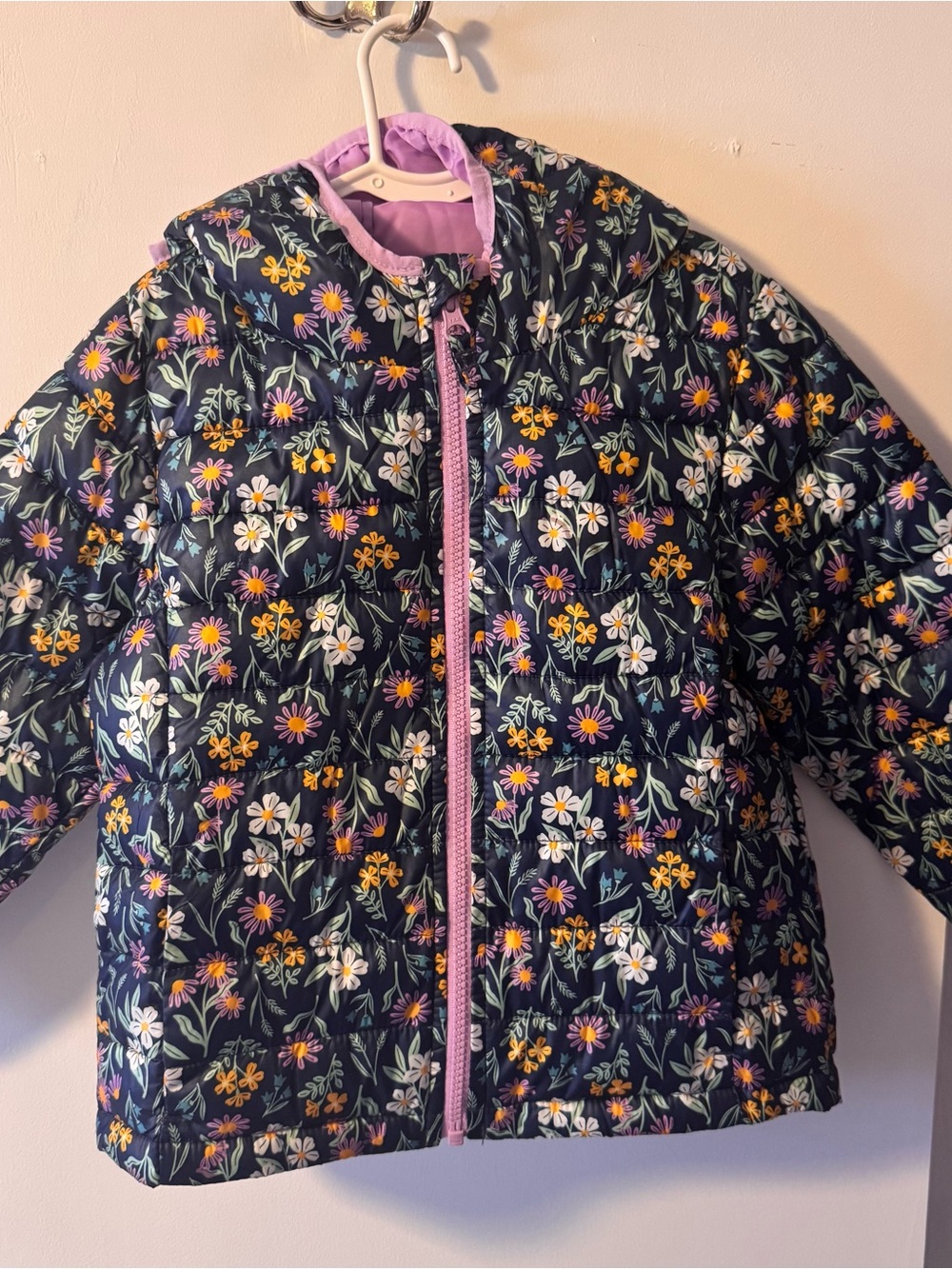 jumping beans Floral Puffer Jacket - Navy with Pink Trim